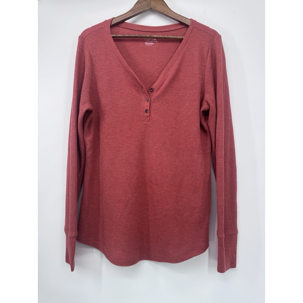 Womens Henley Shirt XL Red Cider Long Sleeve Pullover Buttons Y2K Waffle Knit